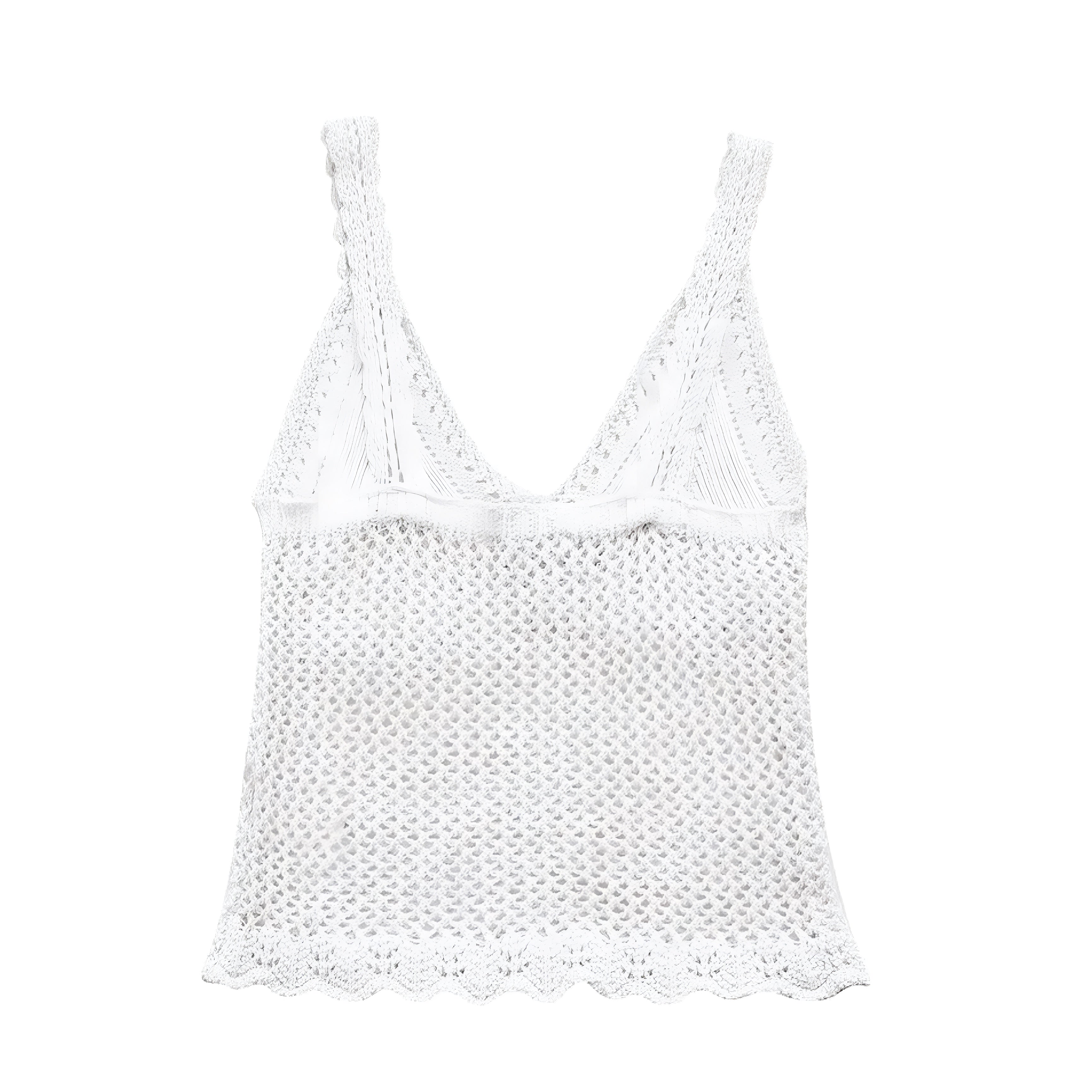 White Knit Crochet Embroidered Slim Fit V-Neck Spaghetti Strap Tank Top