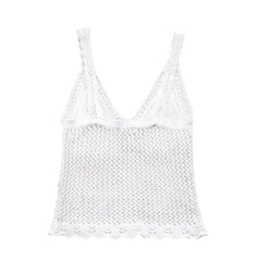 White Knit Crochet Embroidered Slim Fit V-Neck Spaghetti Strap Tank Top