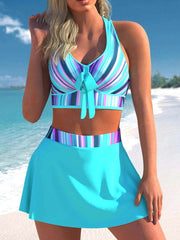 Aqua Stripes Bikini Skirt Set