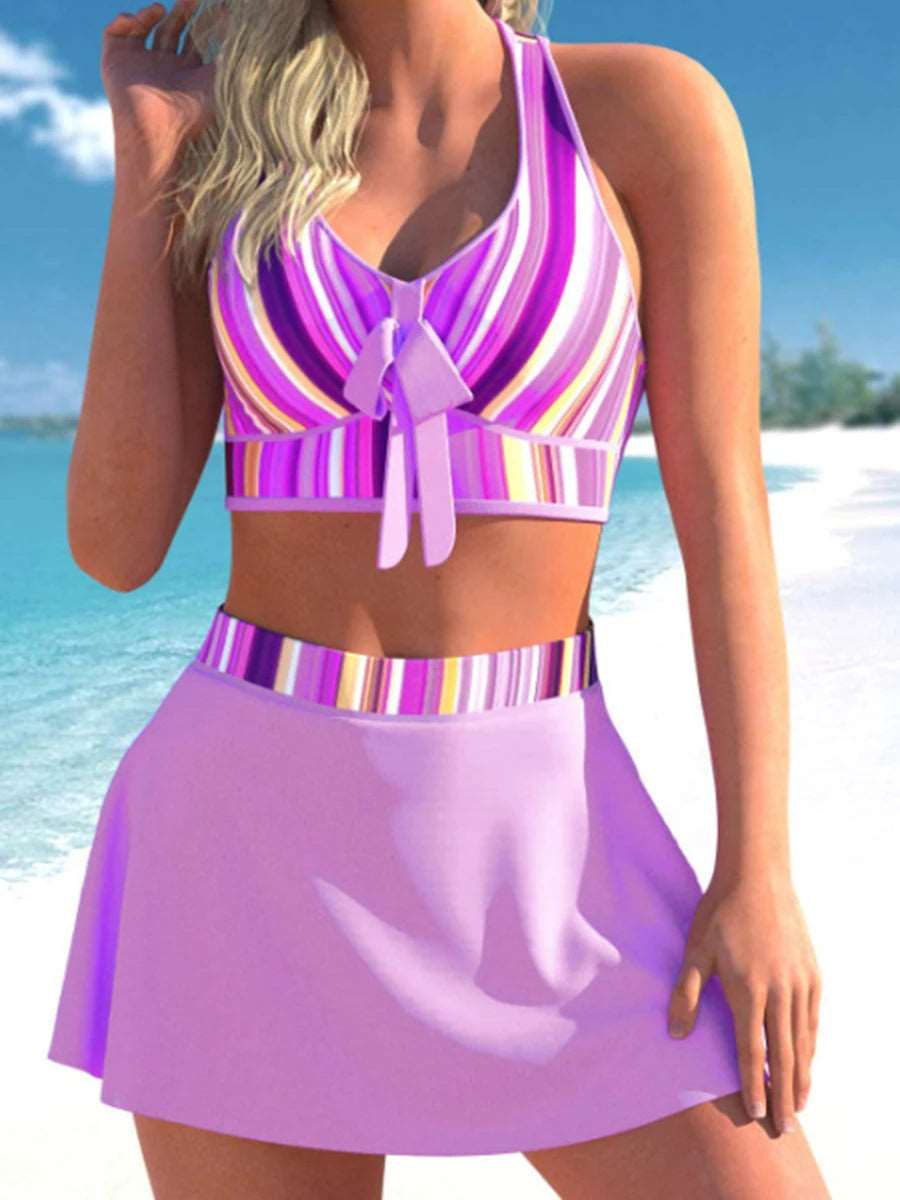 Aqua Stripes Bikini Skirt Set