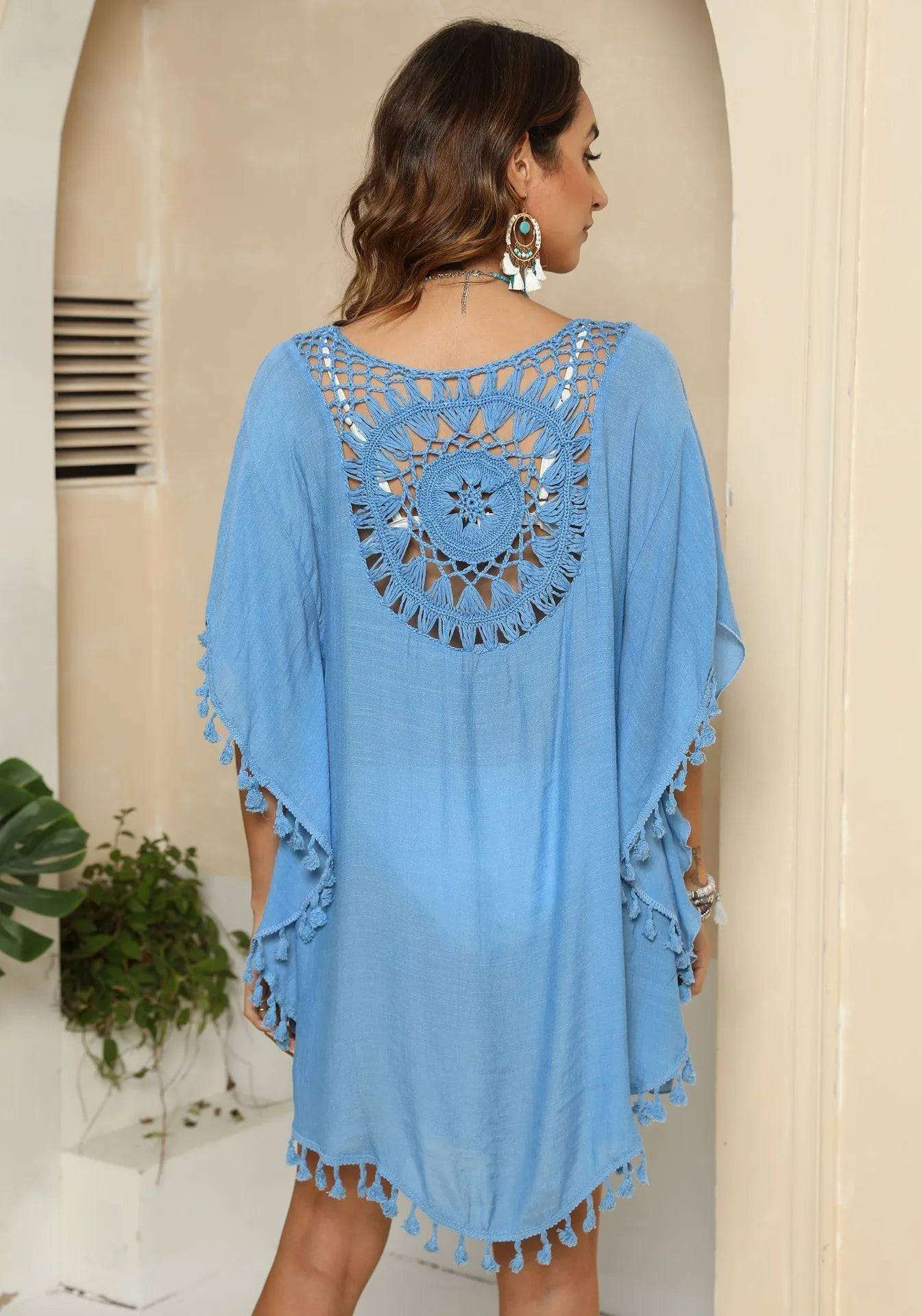 Azure Bloom Tassel Beach Cover-Up