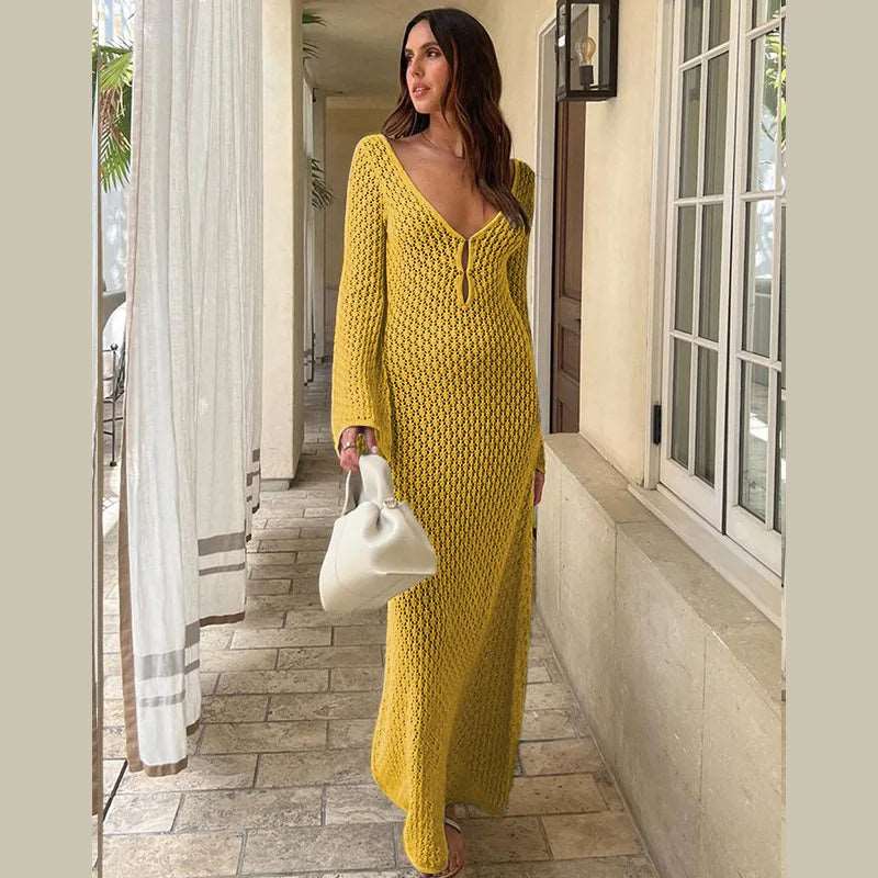 Azure Dreams Flared Sleeve Crochet Maxi