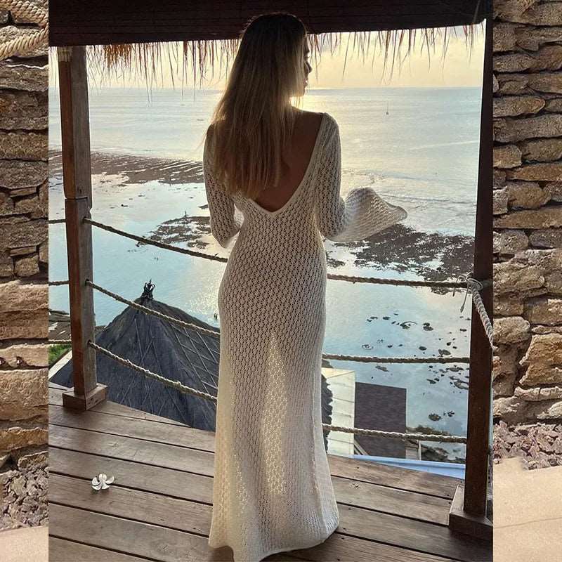 Azure Dreams Flared Sleeve Crochet Maxi