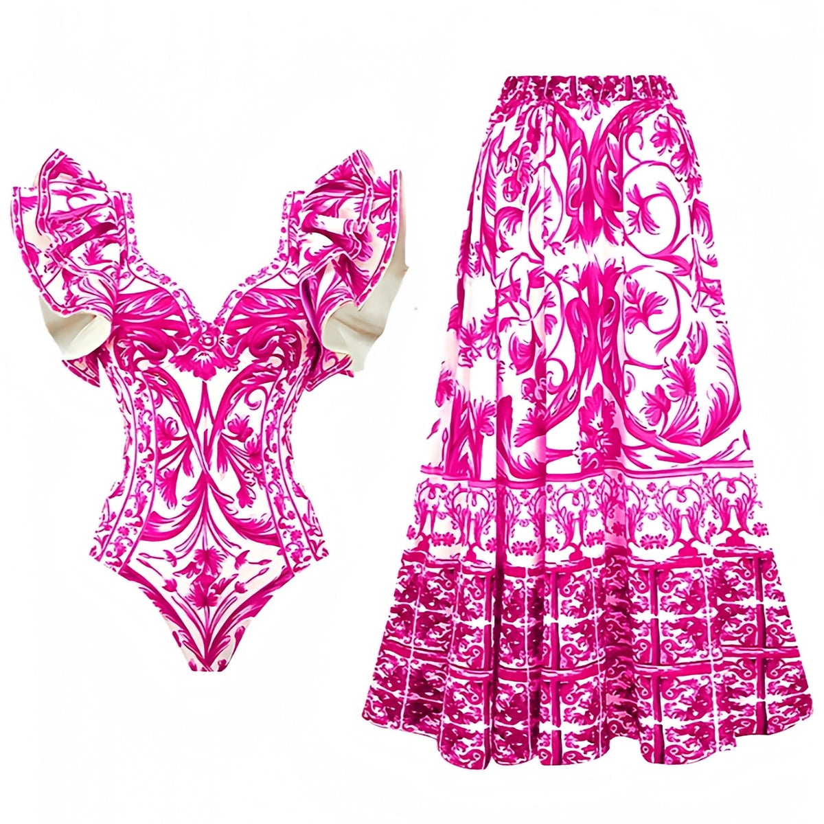 Nerja Hot Pink Floral Patterned Ruffle Trim Puff Sleeve One Piece Swimsuit & Cover Skirt