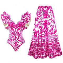 Nerja Hot Pink Floral Patterned Ruffle Trim Puff Sleeve One Piece Swimsuit & Cover Skirt