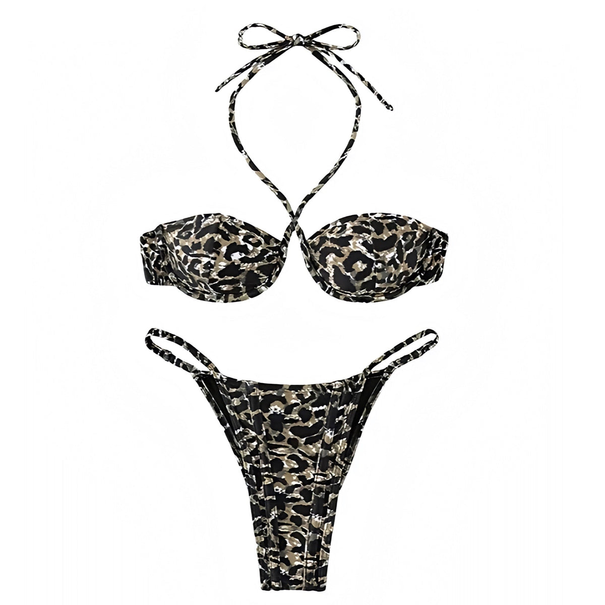 Leopard Print Underwire String Halter 2 Piece Bikini Set