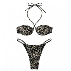 Leopard Print Underwire String Halter 2 Piece Bikini Set