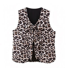 Leopard Print Bow Lace Up V-Neck Sleeveless Vest Top Blouse