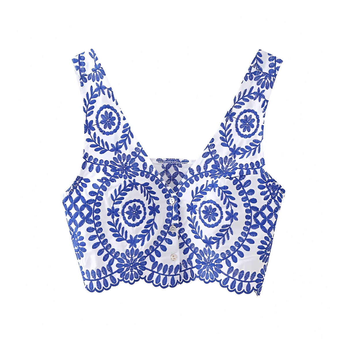 Santorini Blue Floral Embroidered V-Neck Slim Fit Crop Vest Tank Top
