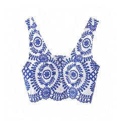 Santorini Blue Floral Embroidered V-Neck Slim Fit Crop Vest Tank Top