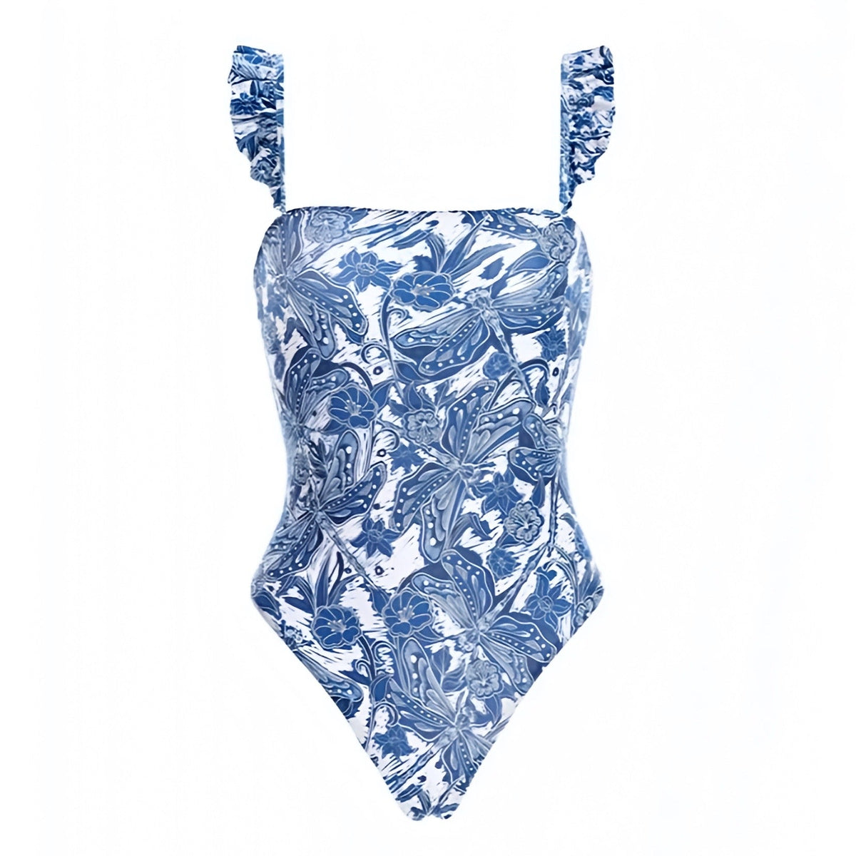 Montauk Dark Blue Floral Patterned Ruffle Trim Spaghetti Strap One Piece Swimsuit