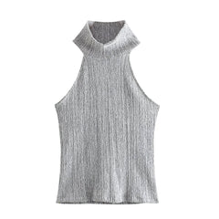 Light Grey Knitted Slim Fit Sleeveless Turtleneck Full Length Halter Tank Top