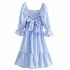 Light Blue Gingham Smocked Ruffle Trim Long Sleeve Tiered Linen Maxi Dress