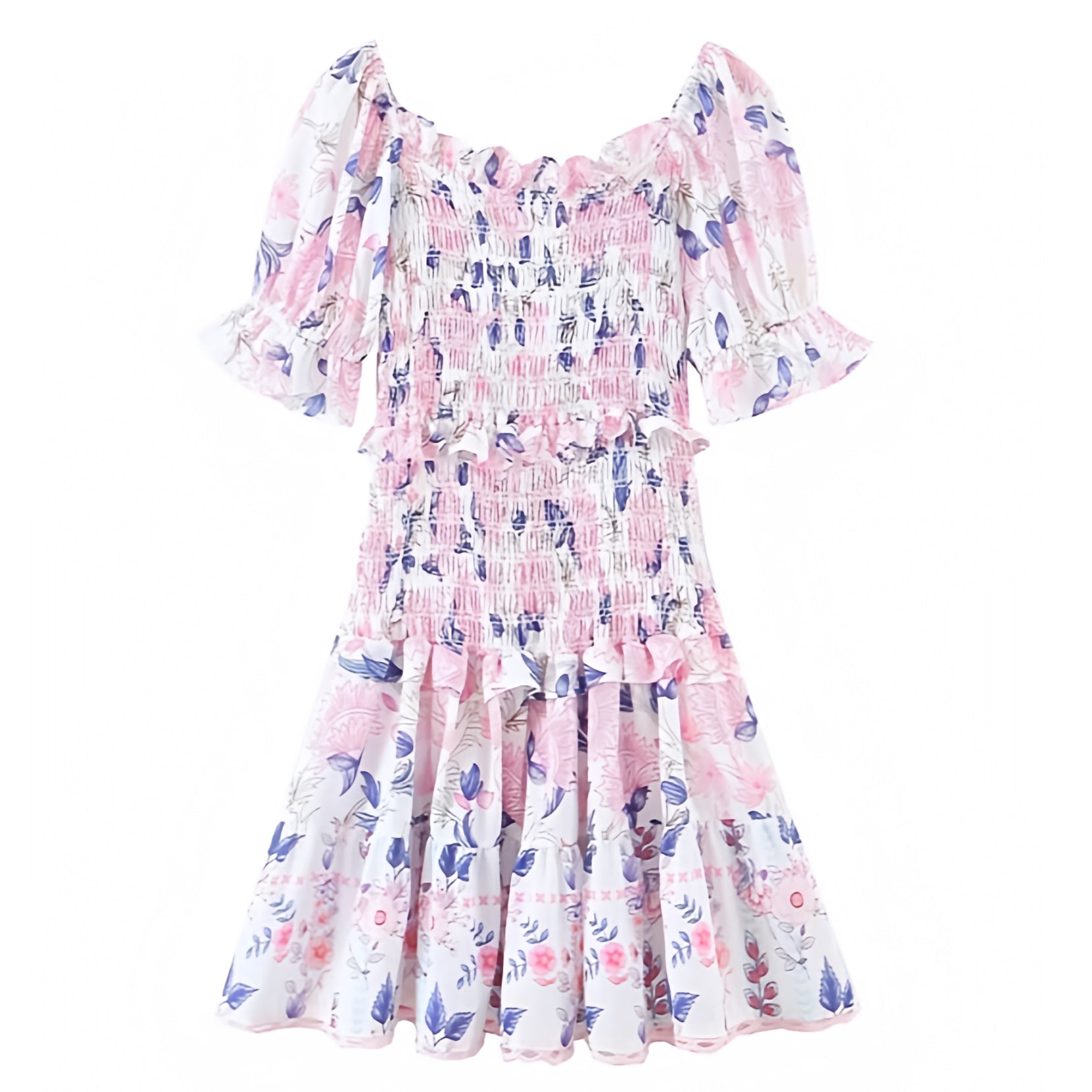 Anabelle Light Pink Floral Print Smocked Layered Ruffle Puff Sleeve Mini Dress