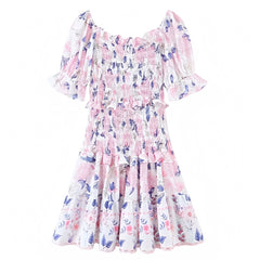 Anabelle Light Pink Floral Print Smocked Layered Ruffle Puff Sleeve Mini Dress