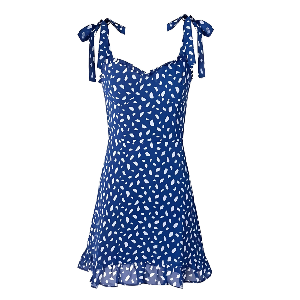 Navy Blue & White Patterned Bodycon Ruffle Trim Spaghetti Strap Mini Dress