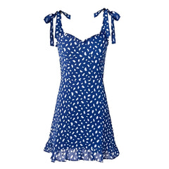 Navy Blue & White Patterned Bodycon Ruffle Trim Spaghetti Strap Mini Dress
