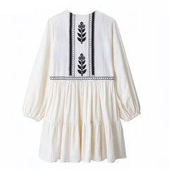 Athens Floral Embroidered V-Neck Tiered Long Puff Sleeve Boho Mini Dress