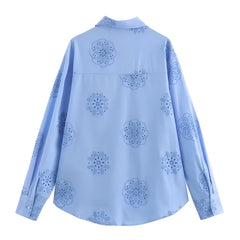 Light Blue Eyelet Embroidered Button-Down Long Sleeve Blouse