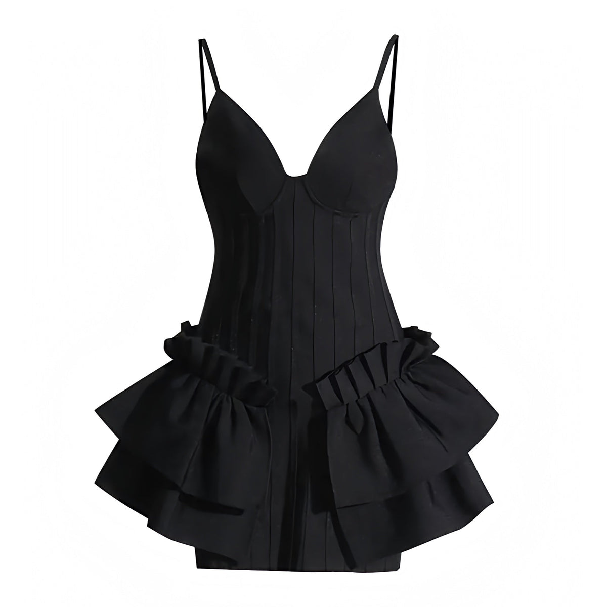 Giselle Black Slim Fit Corset Layered Ruffle Spaghetti Strap Mini Dress
