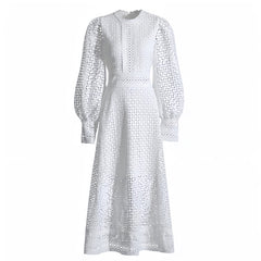 White Eyelet Embroidered Bodycon Long Puff Sleeve Maxi Dress