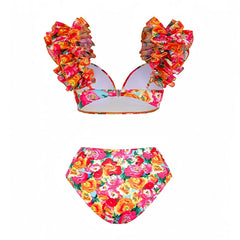 Ibiza Multi-Color Floral Print Ruffle Trim Puff Sleeve Underwire 2 Piece Bikini Set