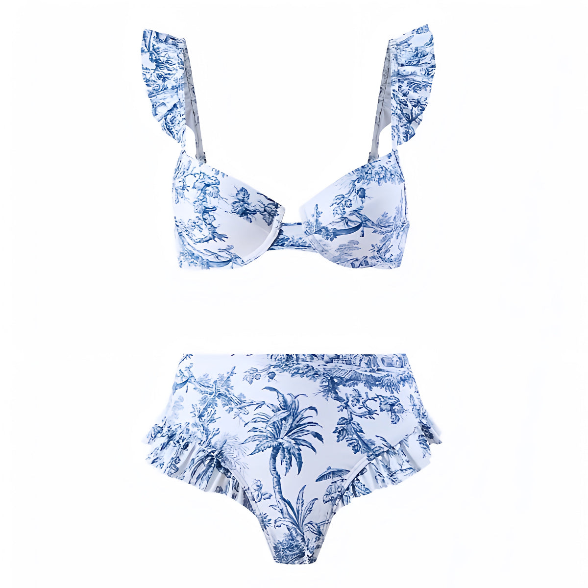 Nantucket Blue Floral Print Ruffle Trim Underwire 2 Piece Bikini Set
