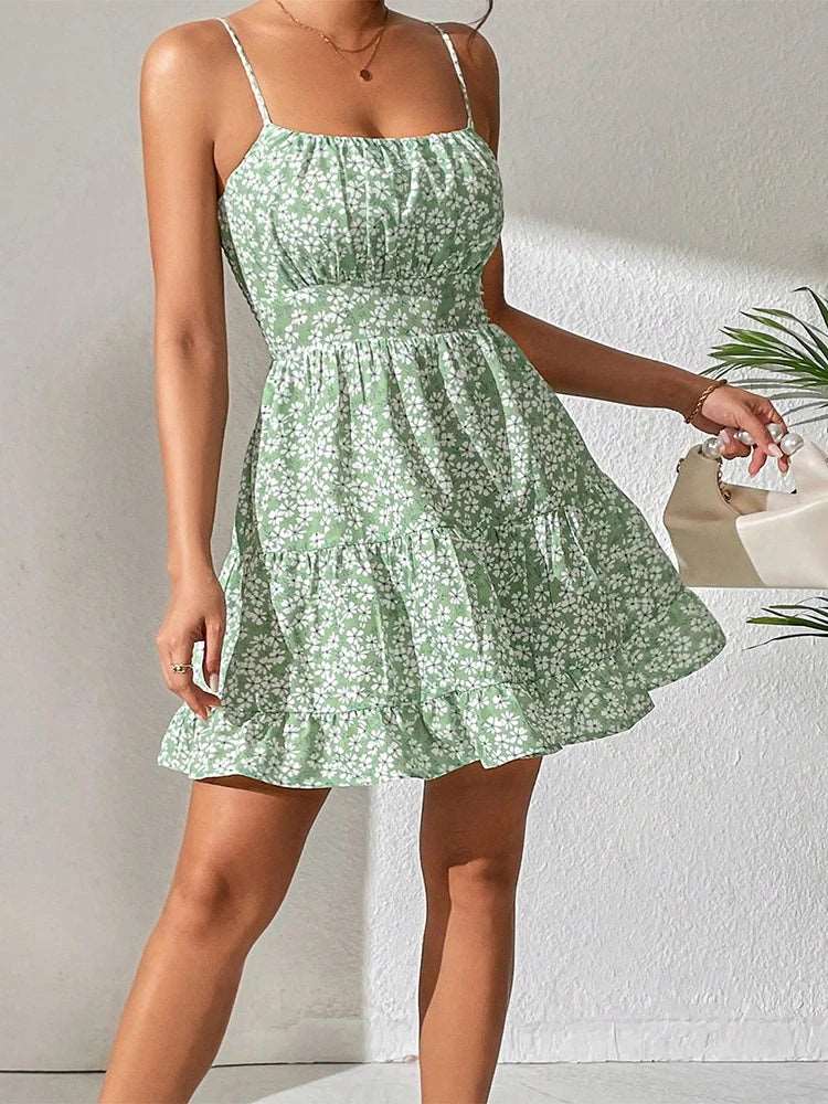 Blue Floral Spaghetti Strap Mini Dress