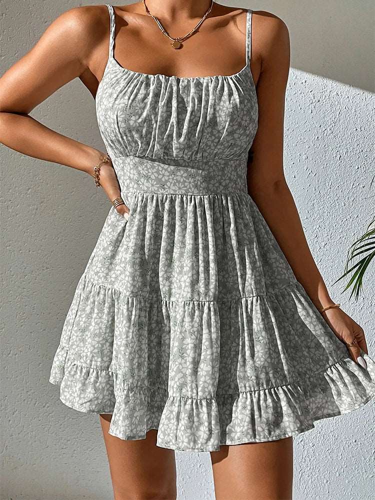 Blue Floral Spaghetti Strap Mini Dress