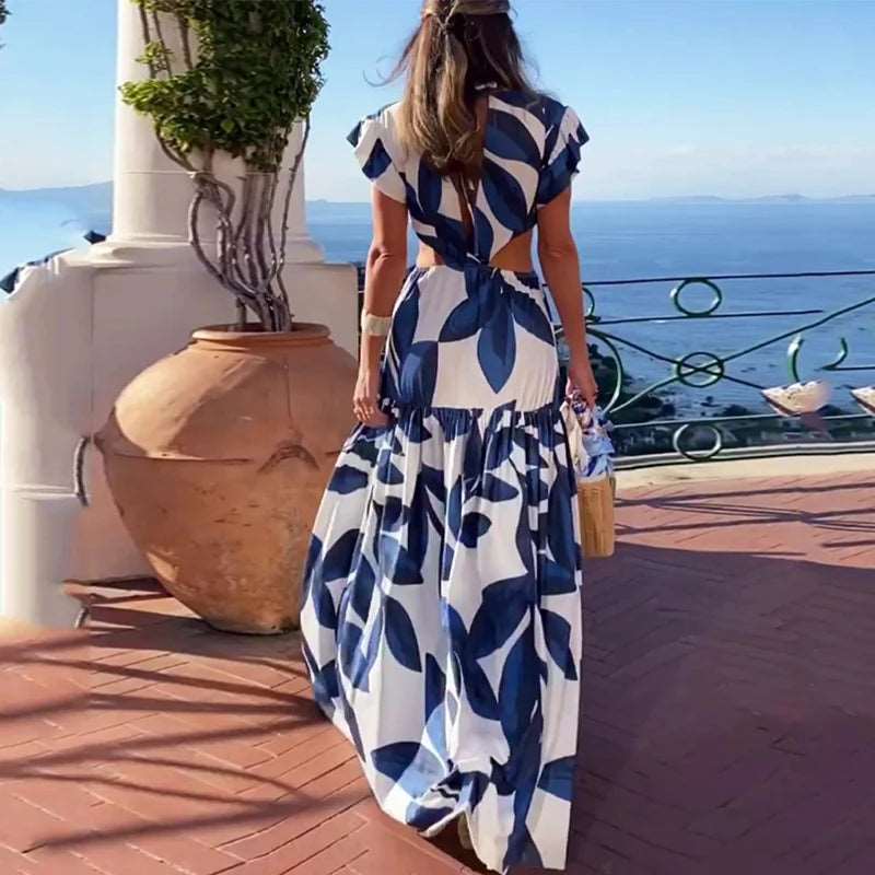 Blue Leaf Print Cut-Out Maxi Dress