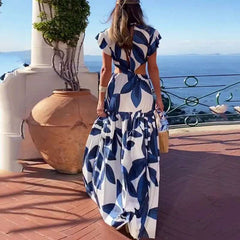 Blue Leaf Print Cut-Out Maxi Dress