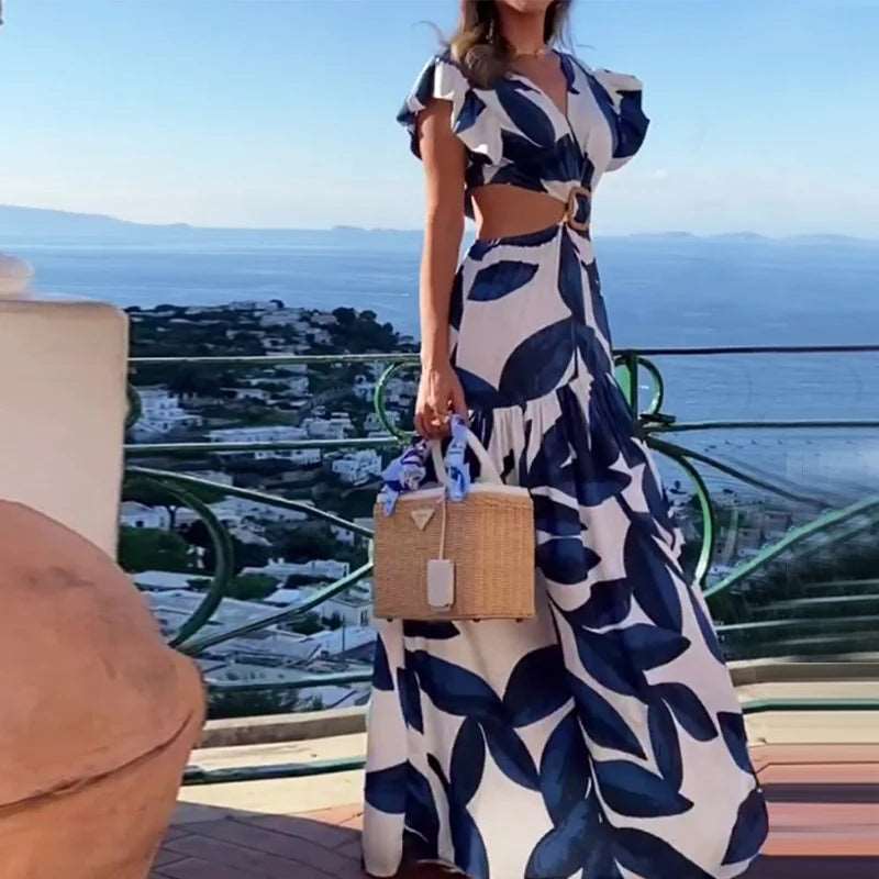 Blue Leaf Print Cut-Out Maxi Dress