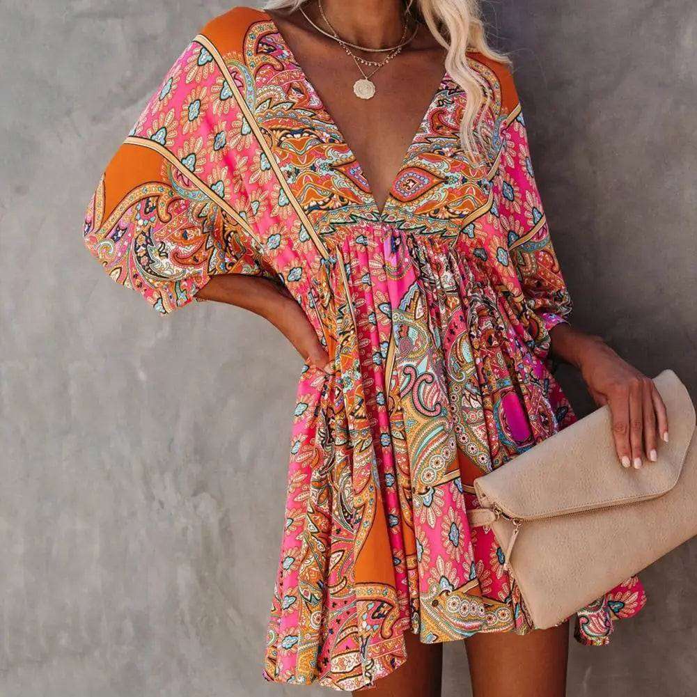 Bohemian Floral V-Neck Mini Dress