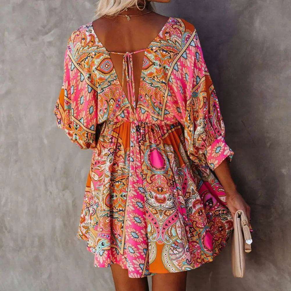Bohemian Floral V-Neck Mini Dress