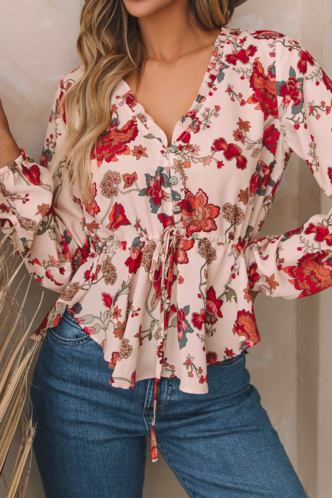 Boho Floral Drawstring Blouse