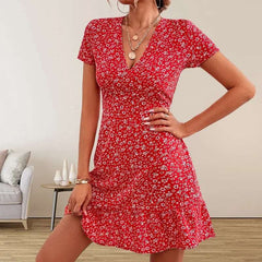 Boho Floral V-Neck Ruffle Mini Dress