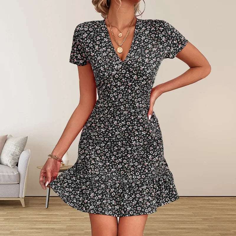 Boho Floral V-Neck Ruffle Mini Dress