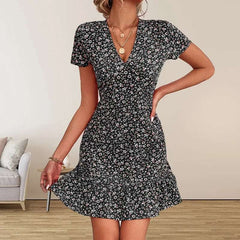 Boho Floral V-Neck Ruffle Mini Dress
