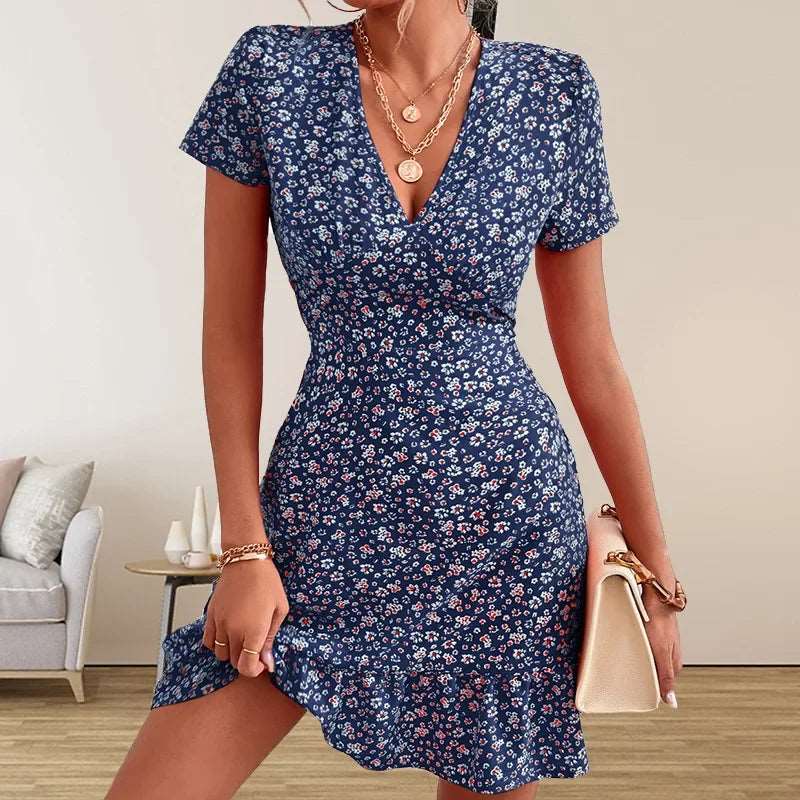 Boho Floral V-Neck Ruffle Mini Dress