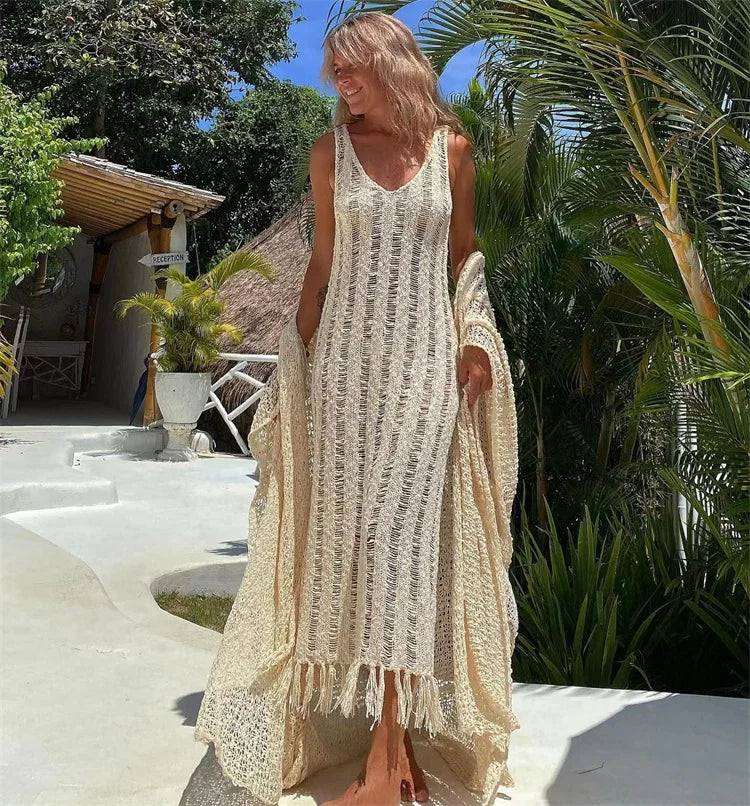 Boho Mesh Tassel Maxi Dress Beach Cover-Up