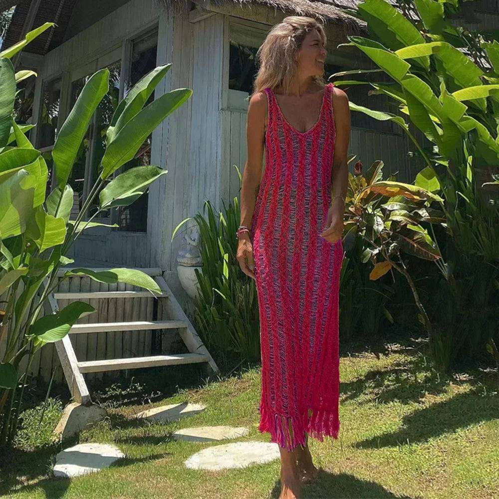Boho Mesh Tassel Maxi Dress Beach Cover-Up