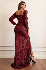 Burgundy High Slit Long Sleeve Formal Evening Dress