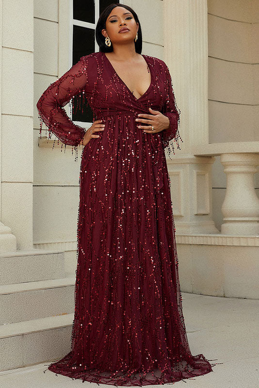 Burgundy Plunging Long Sleeve Plus Size Prom Dress Evening Gown – Toadds