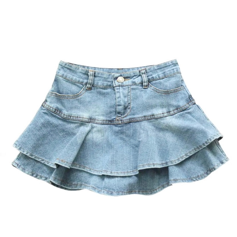 Light Wash Blue Faded Layered Ruffle Low Rise Denim Jean Mini Skirt
