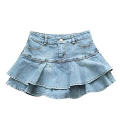 Light Wash Blue Faded Layered Ruffle Low Rise Denim Jean Mini Skirt