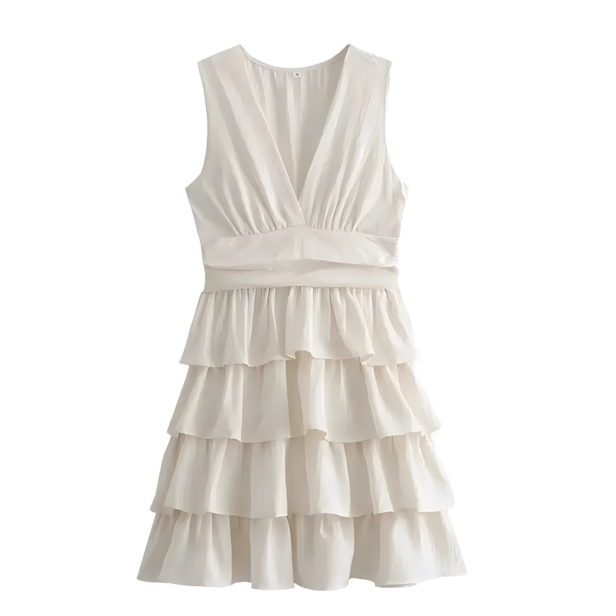 Light Beige Slim Fit Layered Ruffle Trim V-Neck Sleeveless Mini Dress