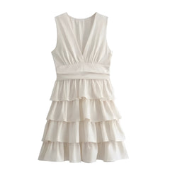 Light Beige Slim Fit Layered Ruffle Trim V-Neck Sleeveless Mini Dress