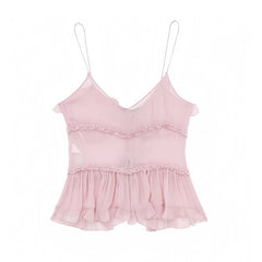 Light Pink Bow Mesh Translucent Ruffle Trim Spaghetti Strap Tank Top