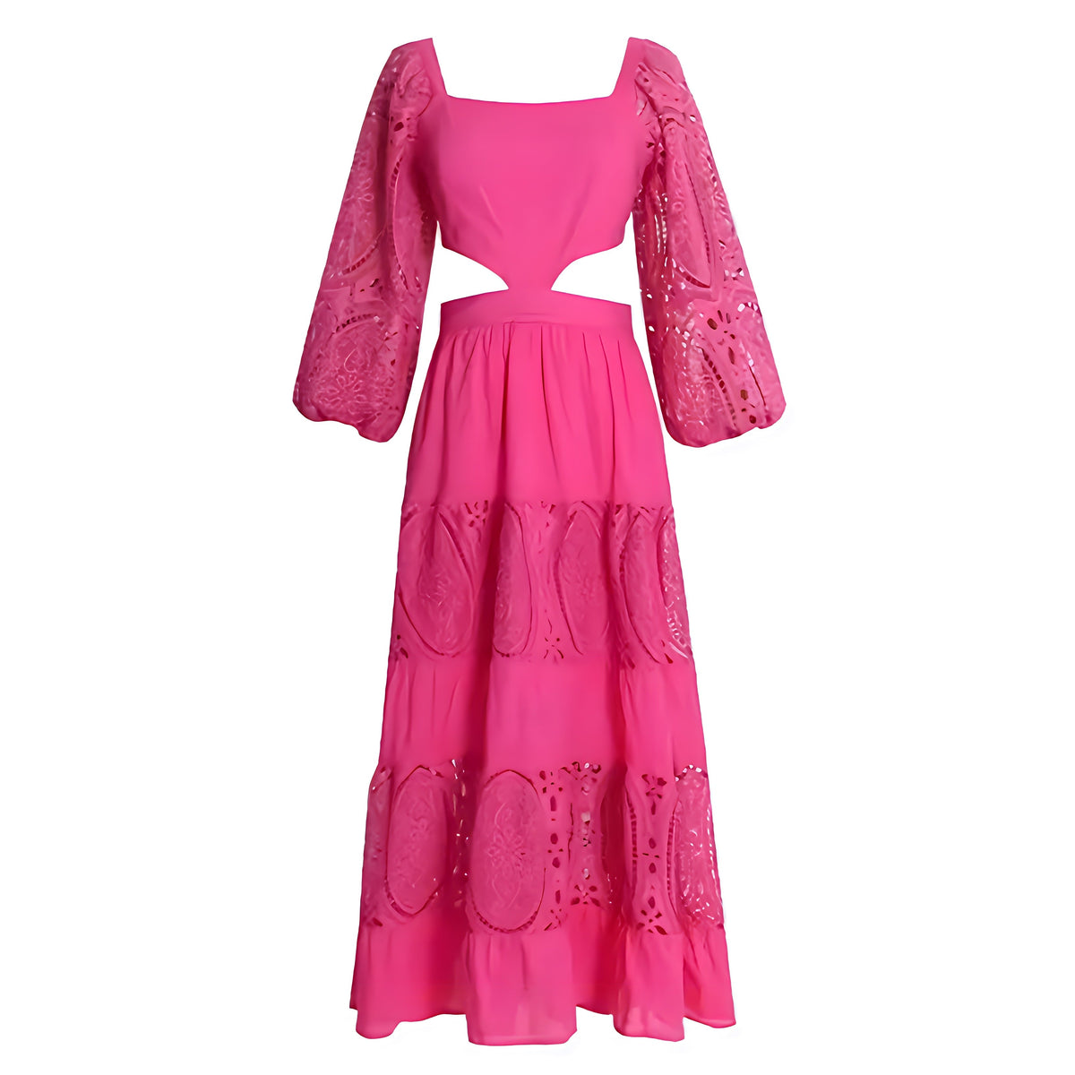 Barbados Hot Pink Eyelet Embroidered Long Puff Sleeve Cut Out Maxi Dress