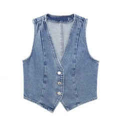 Light Wash Blue Faded Vintage Slim Fit V-Neck Sleeveless Denim Vest Top